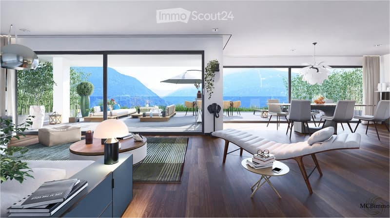 Modern living room with large windows offering a scenic mountain view, featuring a sofa, coffee table, chairs, a dining table, and decorative lamps.