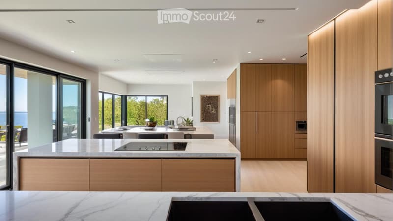 Modern kitchen with a large island, marble countertops, wooden cabinets, and expansive windows offering a scenic view.