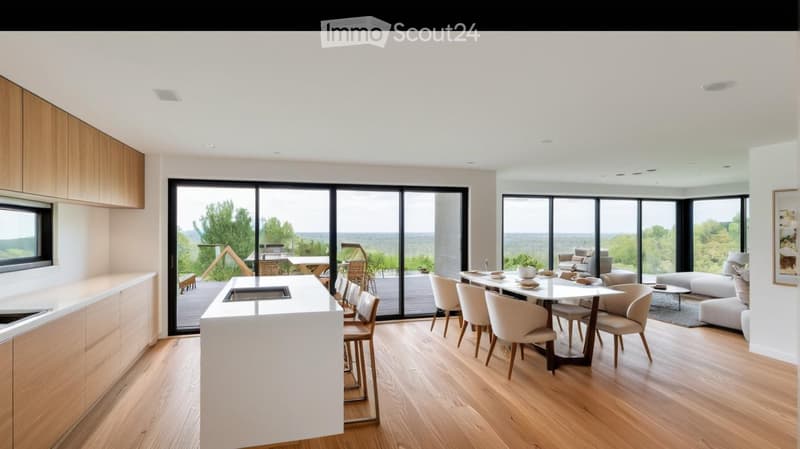 Open-plan kitchen and dining area with large windows offering a scenic view, featuring a white kitchen island, dining table with chairs, sofa, and coffee table.