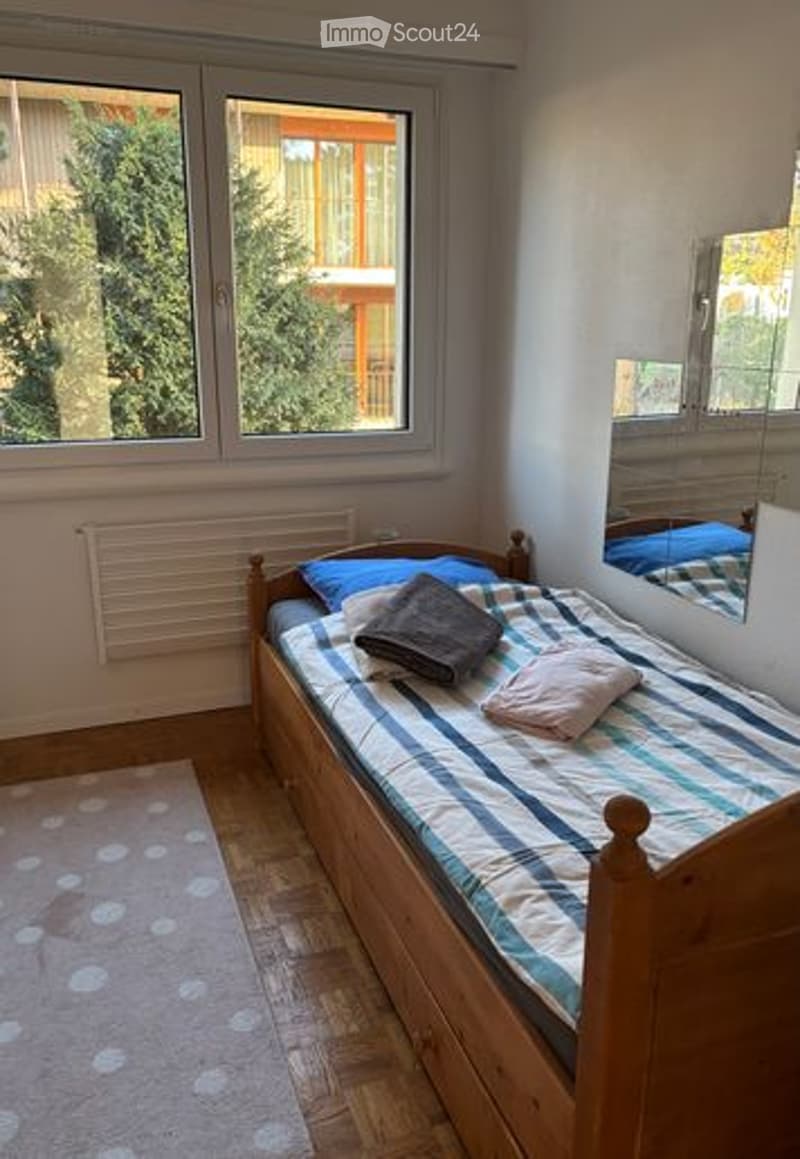 Single bed, wooden bed frame, white and blue striped bedspread, two blue pillows, blanket, and pillow on bed, white rug, large windows, mirror on wall, heater on wall