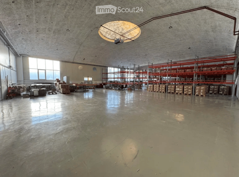 Large, empty warehouse space with concrete floors and walls, metal shelving units, and minimal lighting.