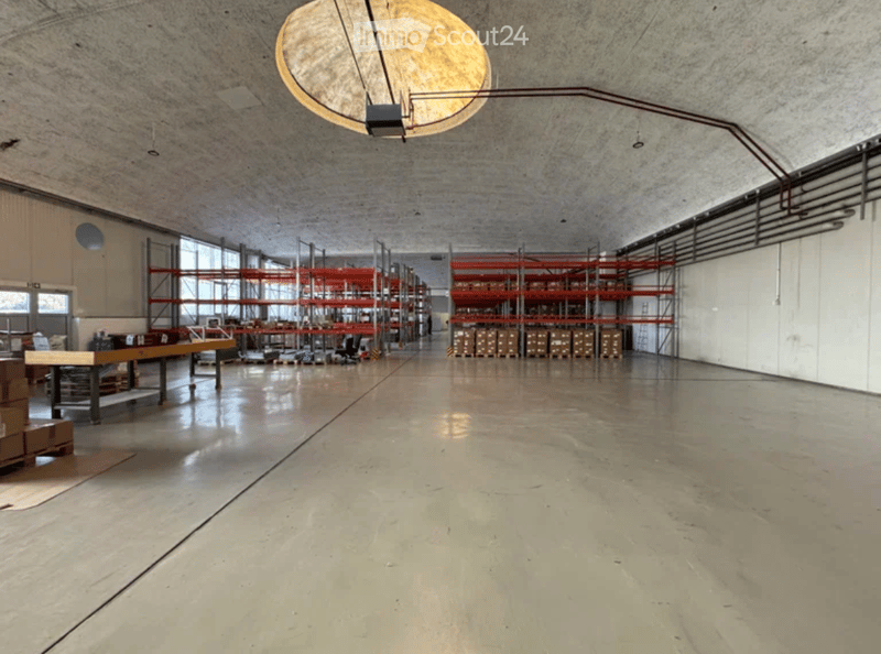 Large, empty warehouse space with concrete floors and walls, metal shelving units, and a large industrial light fixture hanging from the ceiling.
