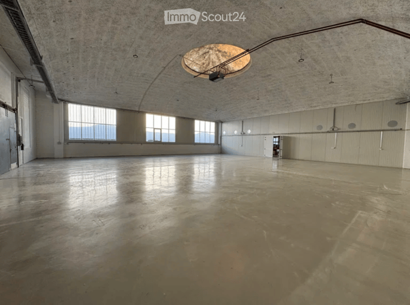 Empty room with concrete floor, large windows, and a single ceiling light fixture.