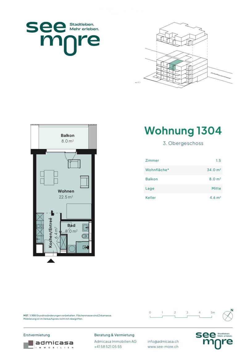 Floor plan of apartment 1304 on the 3rd upper floor, including living area, kitchen, bathroom, and balcony.