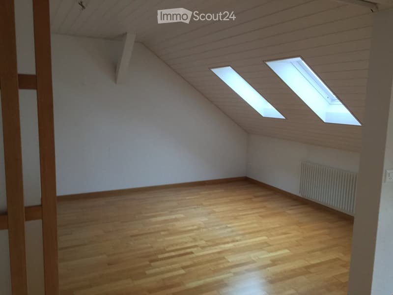 Empty attic room with wooden flooring, white walls, and skylight windows allowing natural light to enter.