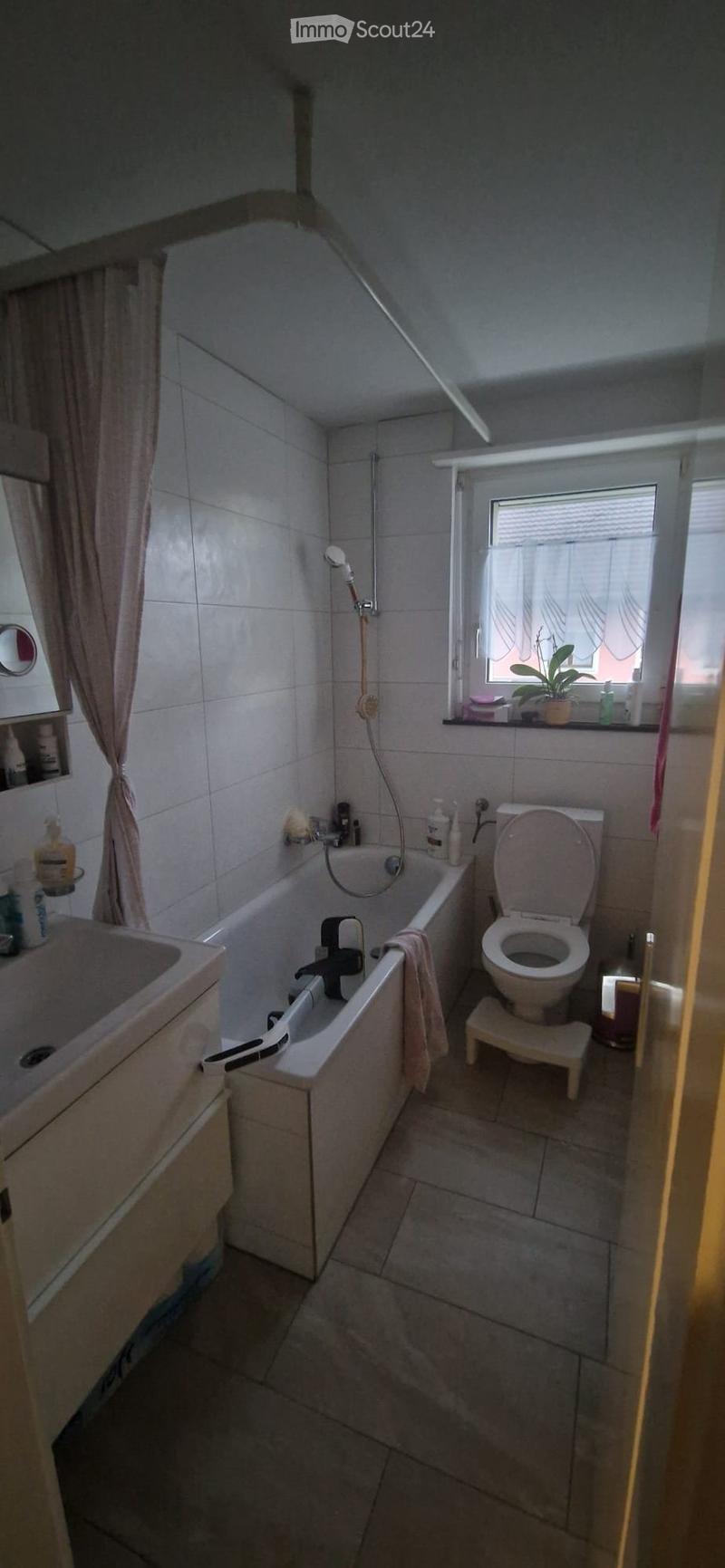 Bathroom with a bathtub, toilet, sink, mirror, shower hose, and a small stool. A plant is placed on the windowsill.