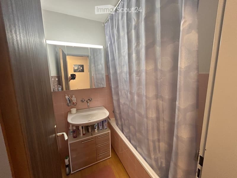 A small bathroom with a sink, mirror, and a shower curtain. The sink has a cabinet underneath with various toiletries and a small bottle on the floor.