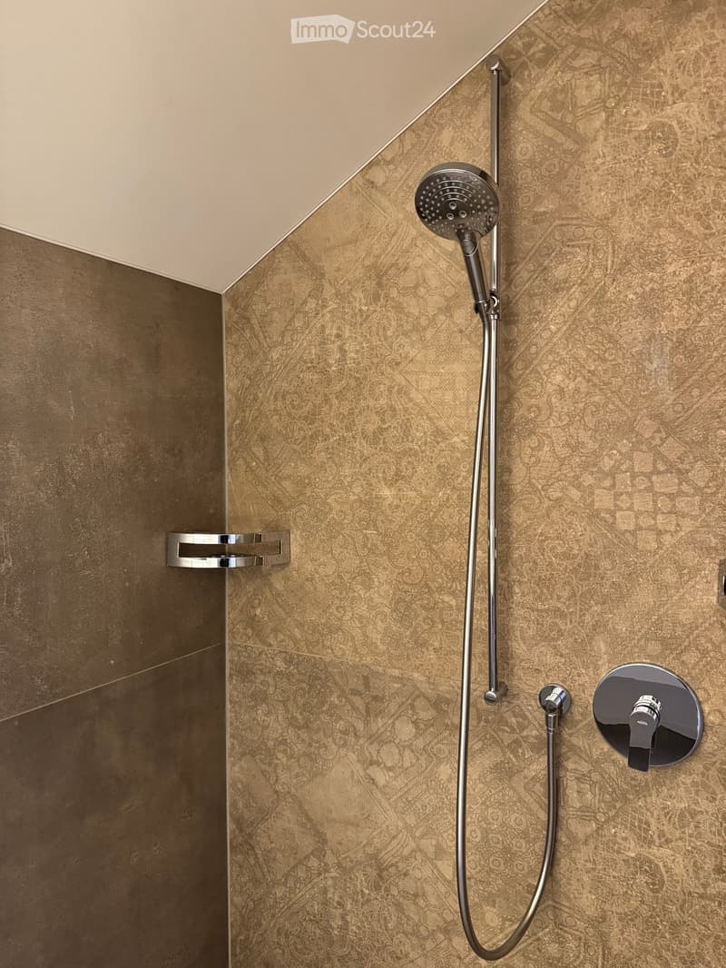 Modern shower area with a handheld showerhead, chrome fixtures, and textured brown tiles.