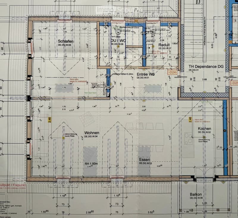 Floor plan of a multi-room apartment with labeled rooms including Schlafzimmer (bedroom), Wohnen (living room), Essen (dining room), Küche (kitchen), and Badezimmer (bathroom). Includes a balcony and entrance area.