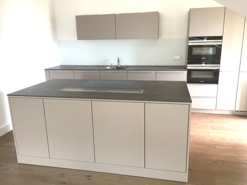 Modern kitchen with a central island, built-in oven, sink, and sleek cabinetry.