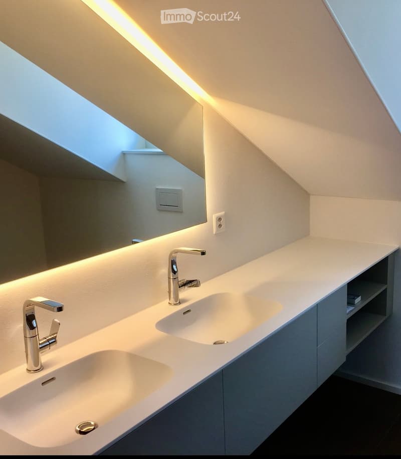 Modern bathroom with a sleek double sink, chrome faucets, and built-in storage under the countertop. The space features recessed lighting and a large mirror.