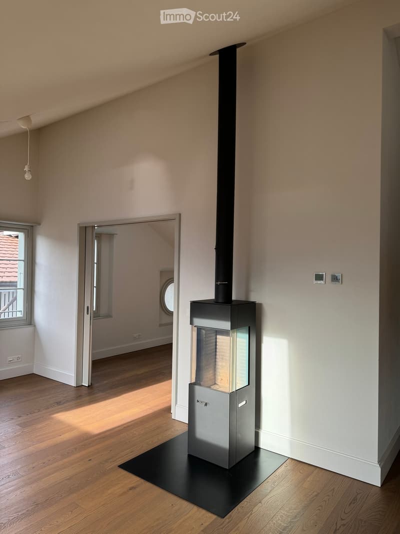 Modern room with wooden flooring, white walls, and a sleek black fireplace with a tall chimney. A window and an open doorway lead to another space.