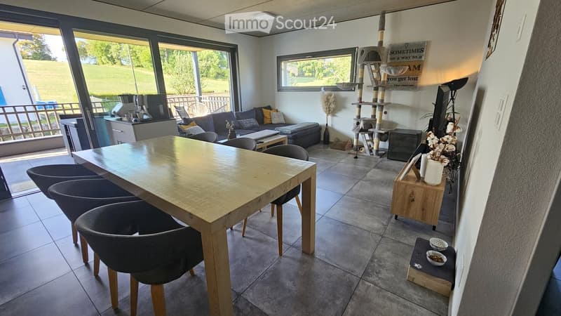 Bright living and dining area with a sofa, dining table, chairs, cat tree, and decorative items.