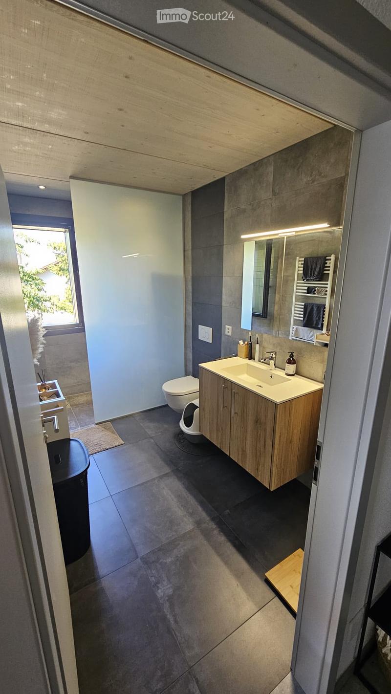 Modern bathroom with a sleek sink, mirror, toilet, and wooden cabinet. Features a large window and contemporary design.