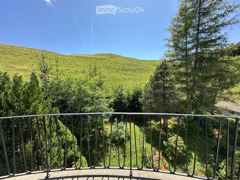 Balcony with metal railing overlooking a lush, green hillside dotted with trees and shrubs under a clear blue sky.