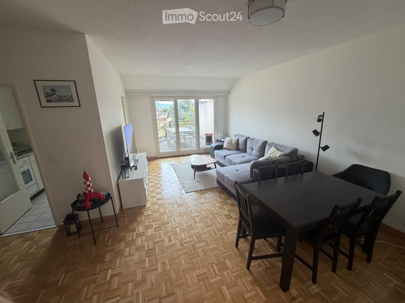 Bright living room with wooden herringbone flooring, grey sectional sofa, coffee table, dining table with chairs, TV stand, and a view to a balcony.