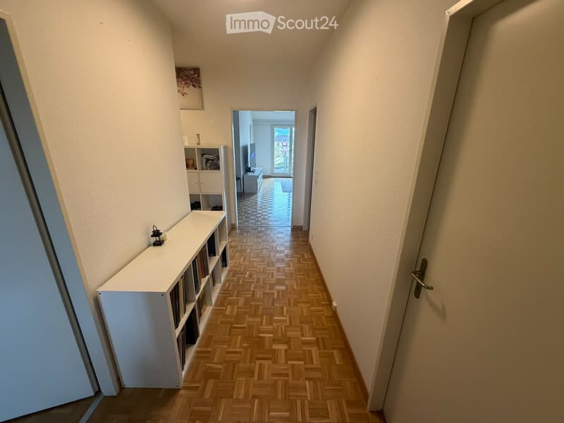 A narrow hallway with wooden herringbone flooring, white walls, and built-in shelving on one side. The hallway leads to an open area with a visible TV and a window letting in natural light.