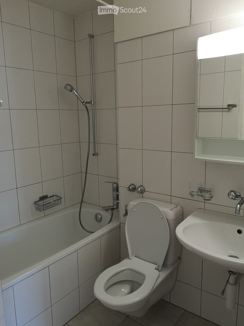 Bathroom with a bathtub, toilet, sink, mirror, and glass items on the sink counter.