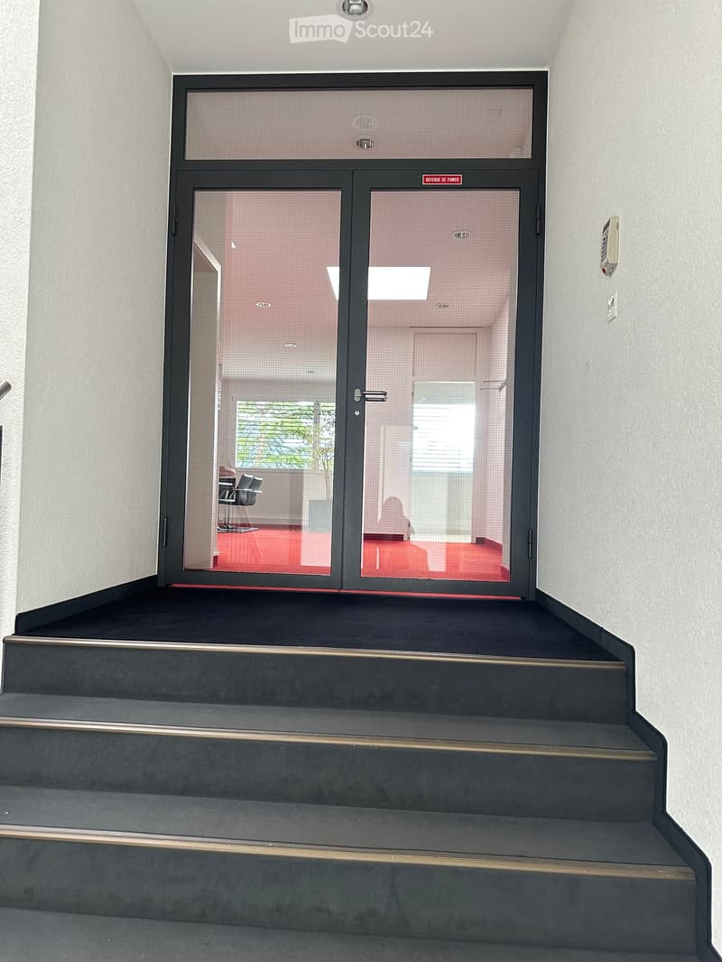 Staircase leading to a glass door entrance with a view into a room with red carpeting and furniture.