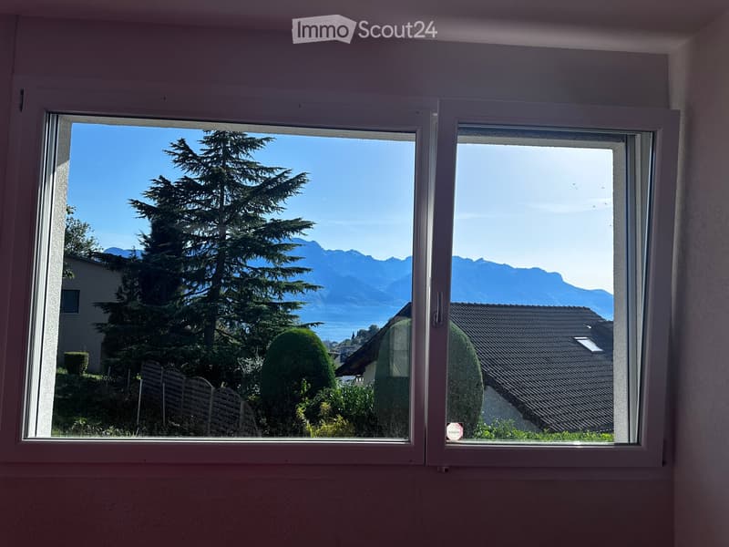 View from a window showing a scenic landscape with trees, mountains, and a body of water in the background.