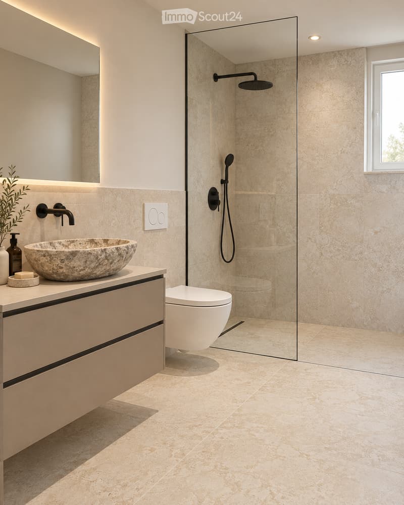 Modern bathroom with beige tiles, a stone sink, a toilet, a shower with a glass enclosure, and a large mirror above the sink.
