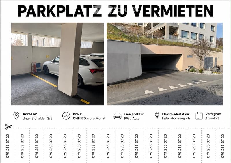 Image shows a parking space with a white car parked inside, adjacent to a building with a covered entrance and a small landscaped area.