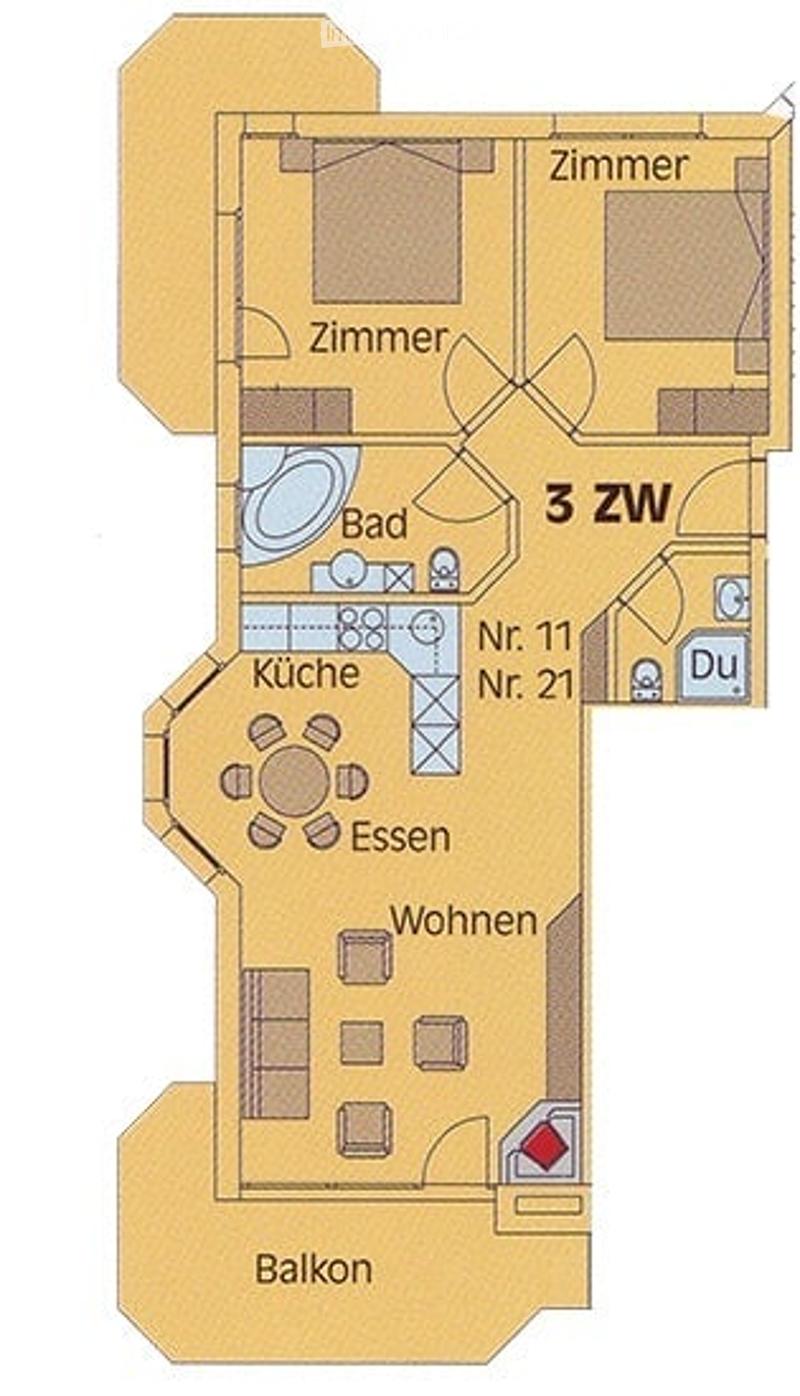 Floor plan of an apartment with a living room, kitchen, dining area, bathroom, bedroom, and balcony.