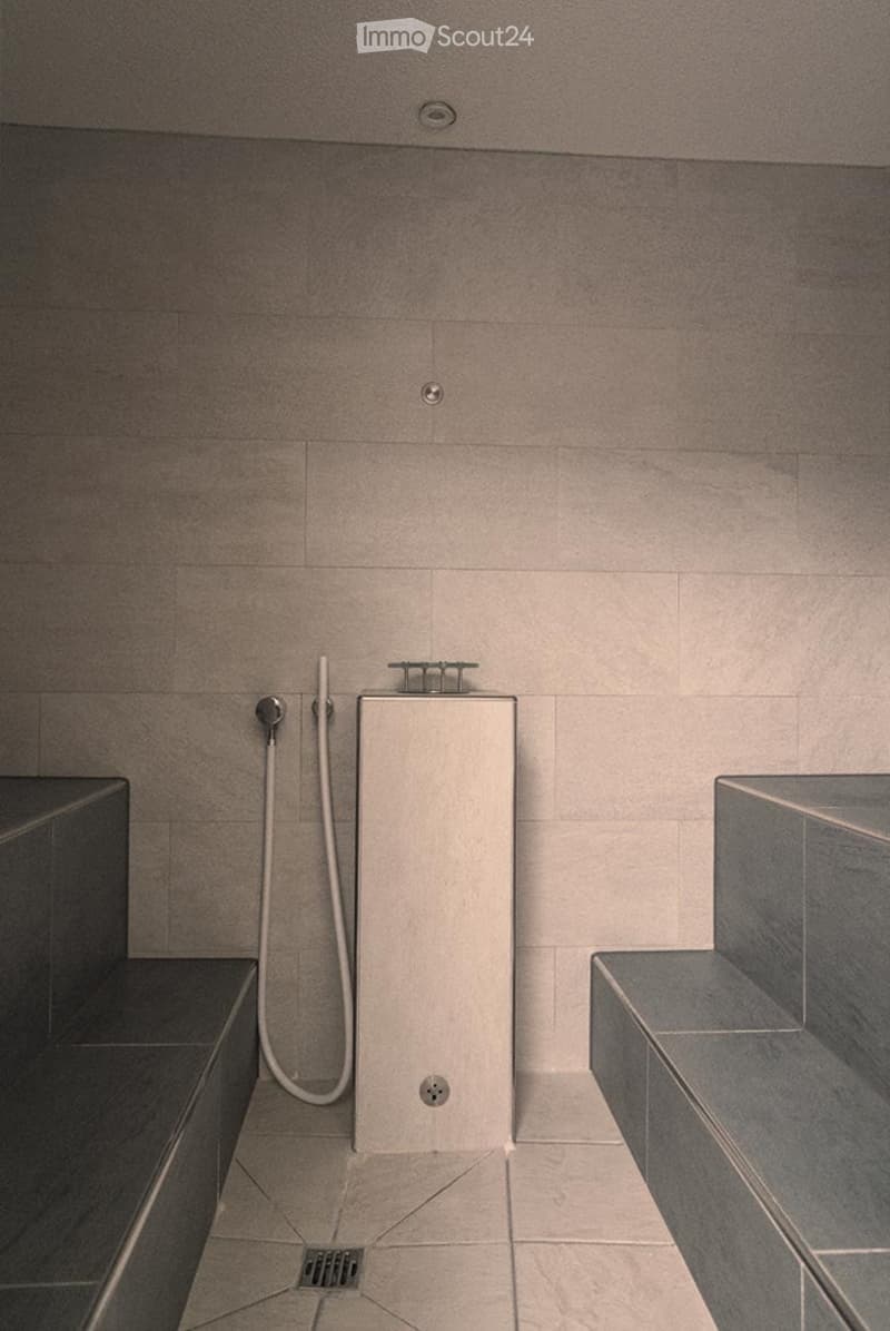 Modern bathroom with a sleek shower stall, a handheld shower hose, and built-in benches for seating.