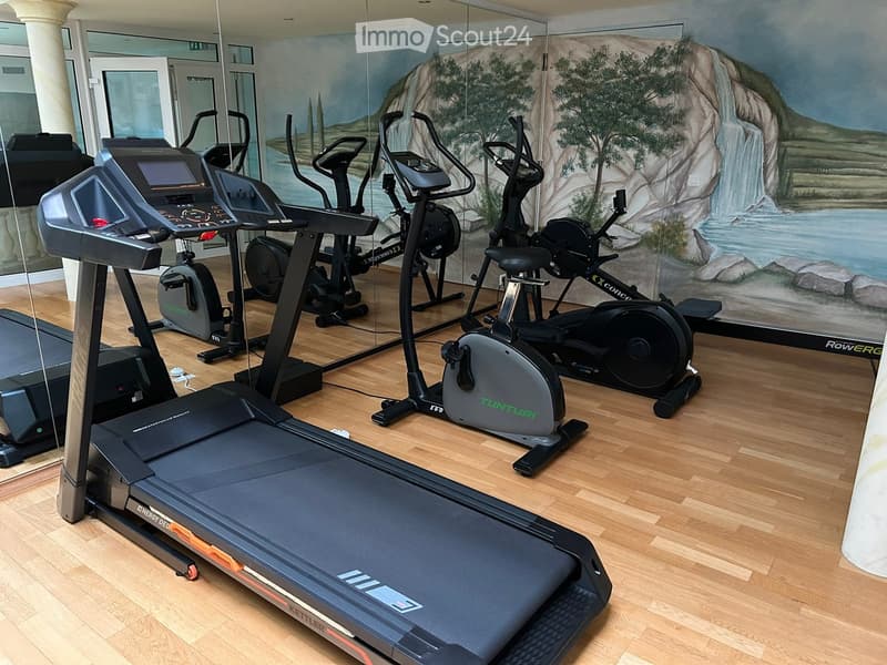 Fitness room with wooden flooring, large mirror, and mural of a waterfall, featuring a treadmill, elliptical machine, and exercise bike.