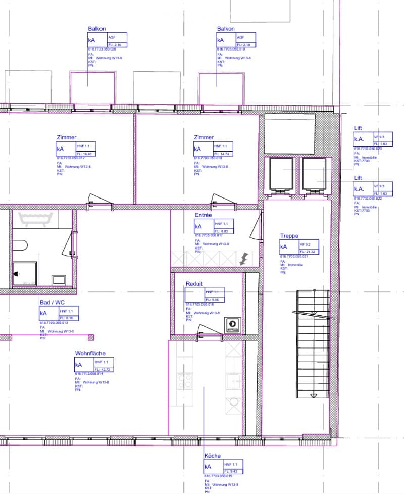 Floor plan of a multi-room apartment featuring a living room, kitchen, two bedrooms, bathroom, entrance, hallway, staircase, and two balconies.
