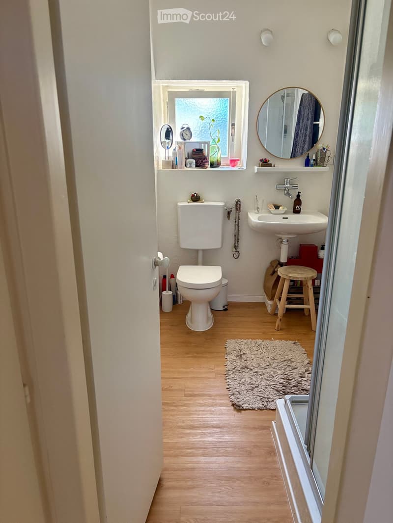 Bathroom with wooden flooring, two toilets, a sink with a mirror, a small wooden stool, a fluffy rug, and a window with a small shelf holding various items.