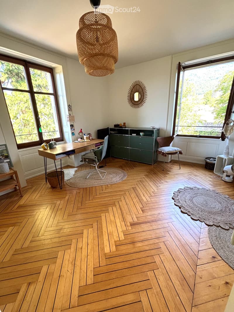 Bright room with herringbone wooden flooring, large windows, a modern desk setup, a green cabinet, a wicker pendant light, and a round woven rug.