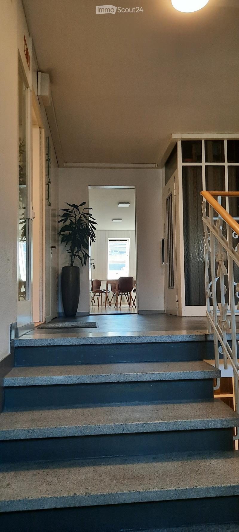 A modern hallway with a staircase leading upwards, featuring a wooden railing, a tall vase with a plant, and a view into a dining area with chairs and a table.