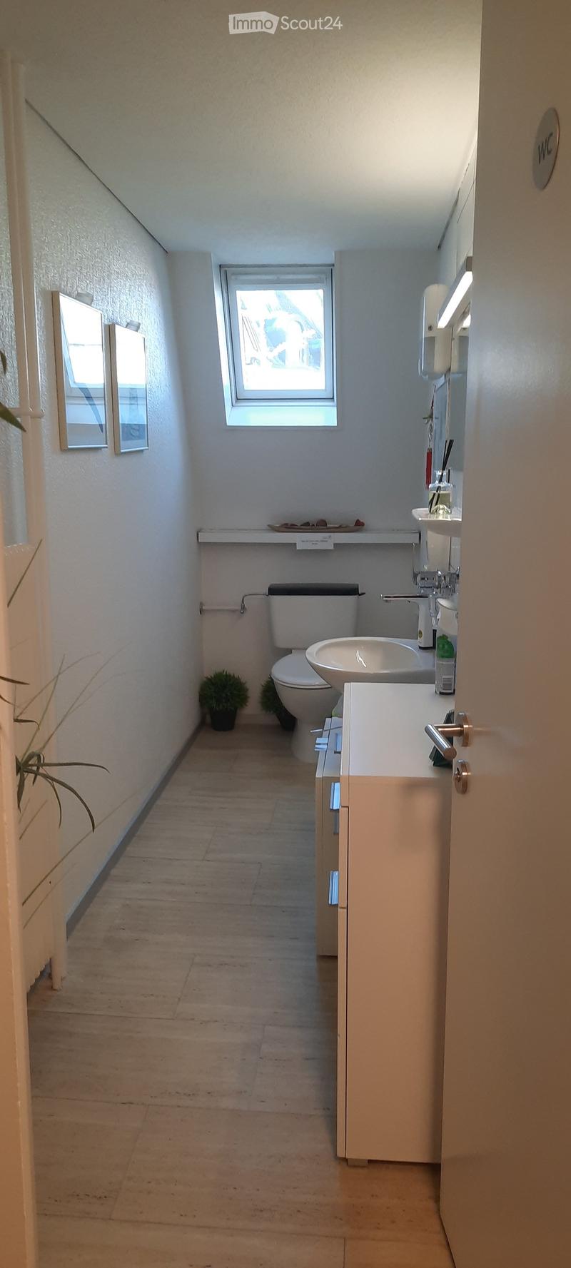 Modern bathroom with a sink, toilet, mirror, and cabinet. Light-colored tiles and wooden flooring.