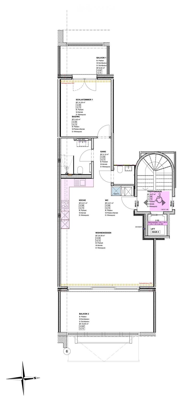 Floor plan showing a multi-level residential layout with labeled rooms including a kitchen, living area, bedroom, bathroom, and two balconies.