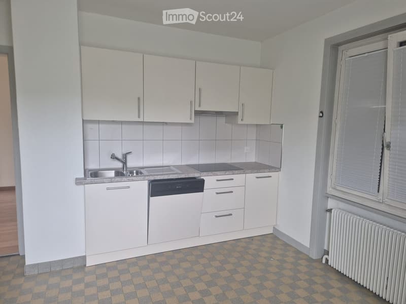 Modern kitchen with white cabinets, a sink, a dishwasher, and a radiator near the window.