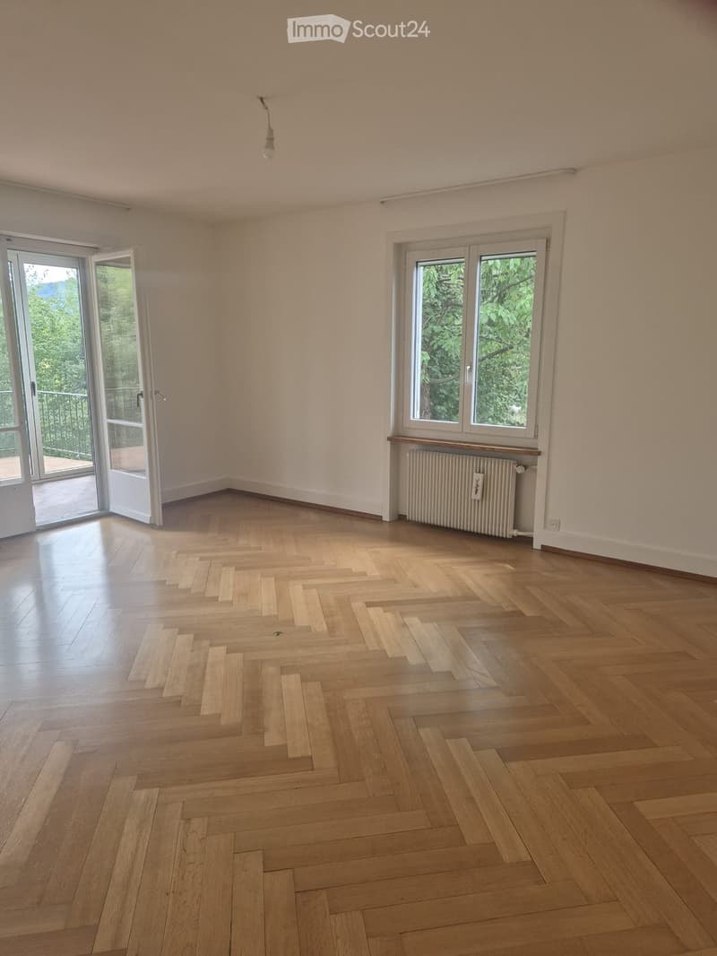 Empty room with wooden herringbone flooring, white walls, large windows, and a radiator. No furniture or equipment present.