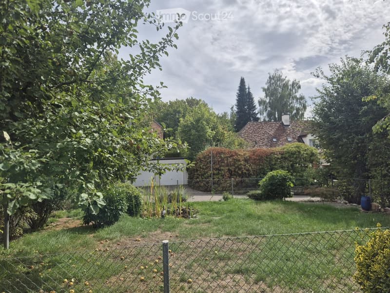 A well-maintained garden with a variety of trees, shrubs, and a fenced area. The background shows a house with a tiled roof and surrounding greenery.