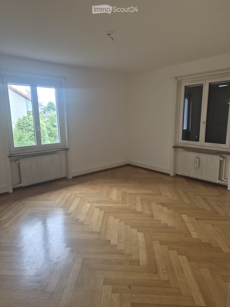 Empty room with wooden herringbone flooring, light-colored walls, and two windows with radiators beneath them.