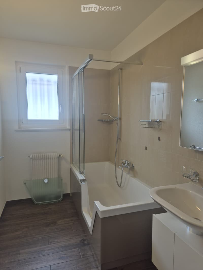 Modern bathroom with a bathtub, sink, mirror, glass shower enclosure, and radiator. Light-colored tiles and wooden flooring.