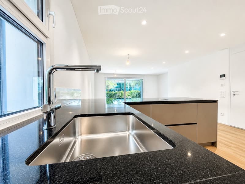 Modern kitchen with stainless steel sink, sleek faucet, and dark granite countertop. Large windows provide natural light, and the space features contemporary cabinetry.