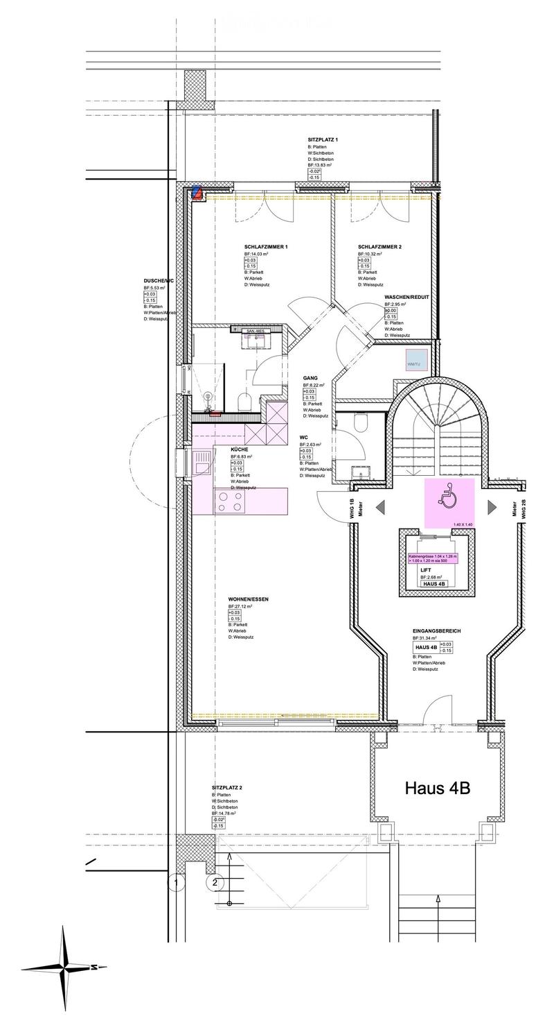 Floor plan of House 4B showing multiple rooms including living room, kitchen, bedrooms, bathrooms, hallway, and entrance area.