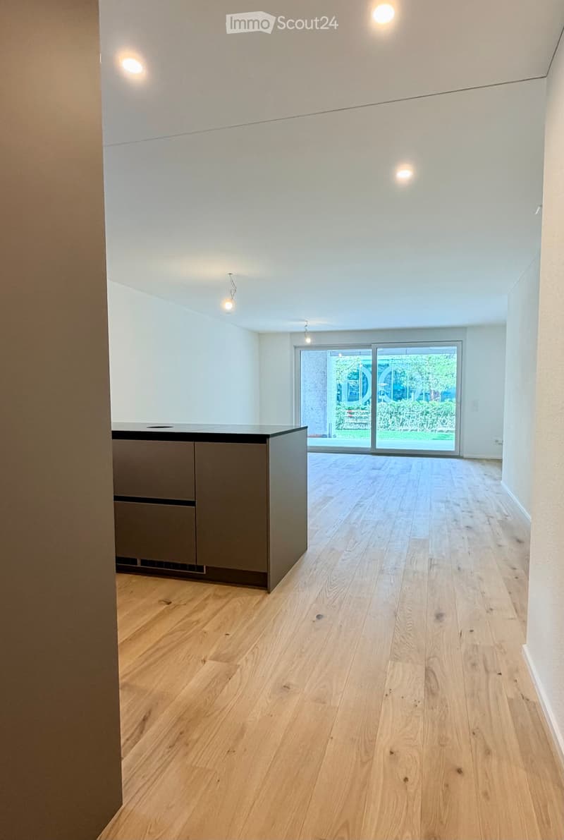 Empty room with light wooden flooring, white walls, and a small kitchen counter in the corner. A large glass door leads to an outdoor area.