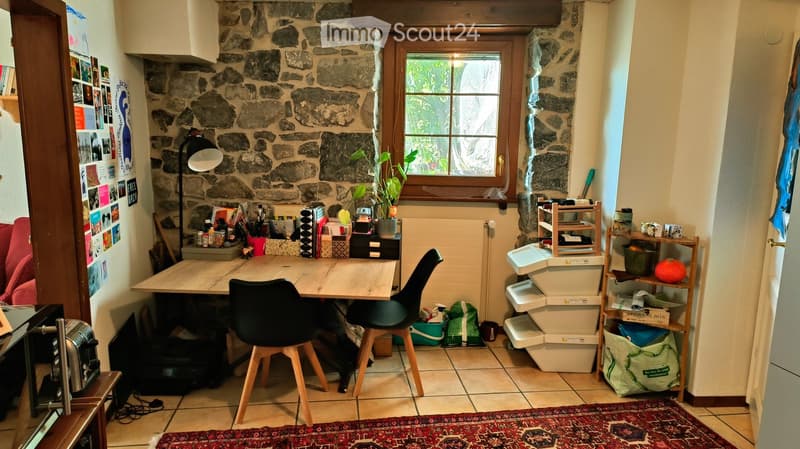 A cozy, furnished room with a stone wall backdrop, a wooden desk, black chair, shelves, storage boxes, and a small plant on the windowsill.