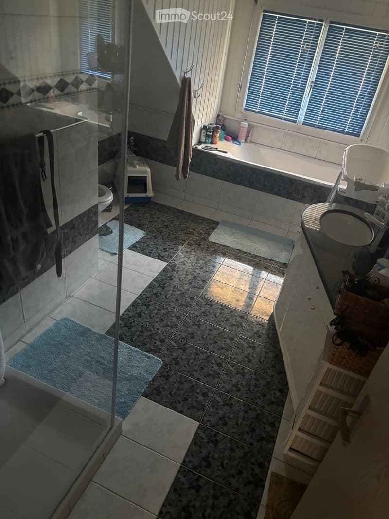 Modern bathroom with tiled floors and walls, featuring a bathtub, sink, toilet, shower, and a cat litter box. Blue towels are placed on the floor, and various toiletries are on the counter.