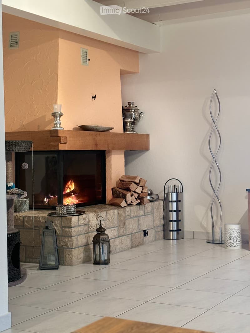 Living room with a stone fireplace, wood stack, decorative lantern, wooden shelf, vase, candle holder, and a modern floor lamp.