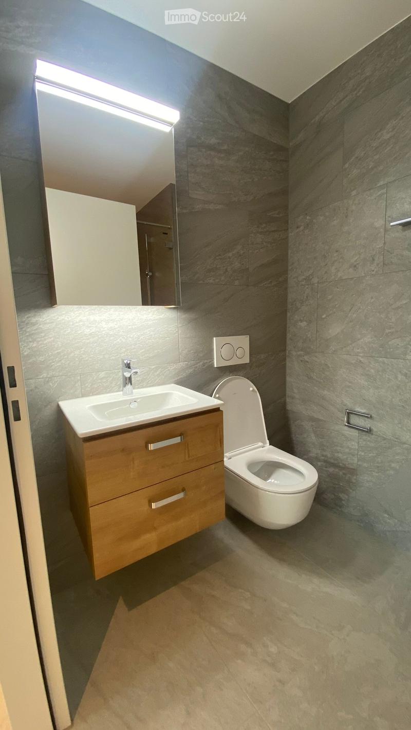 Modern bathroom with a wooden sink cabinet, white sink, chrome faucet, toilet, and a large mirror with built-in lighting.