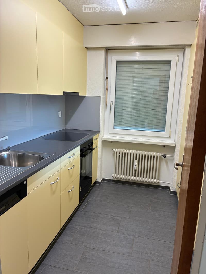 Compact kitchen with light yellow cabinets, dark countertops, sink, oven, and radiator under window.