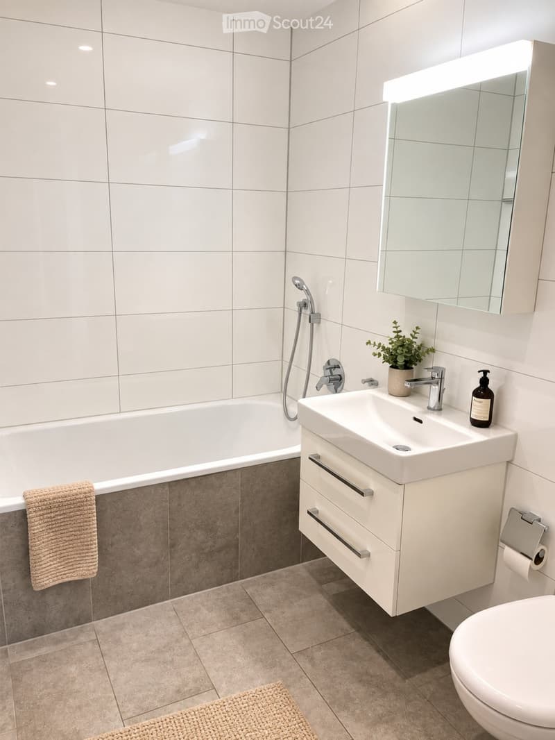 Modern bathroom with white tiles, bathtub, sink, mirror, and a small plant on the sink counter.