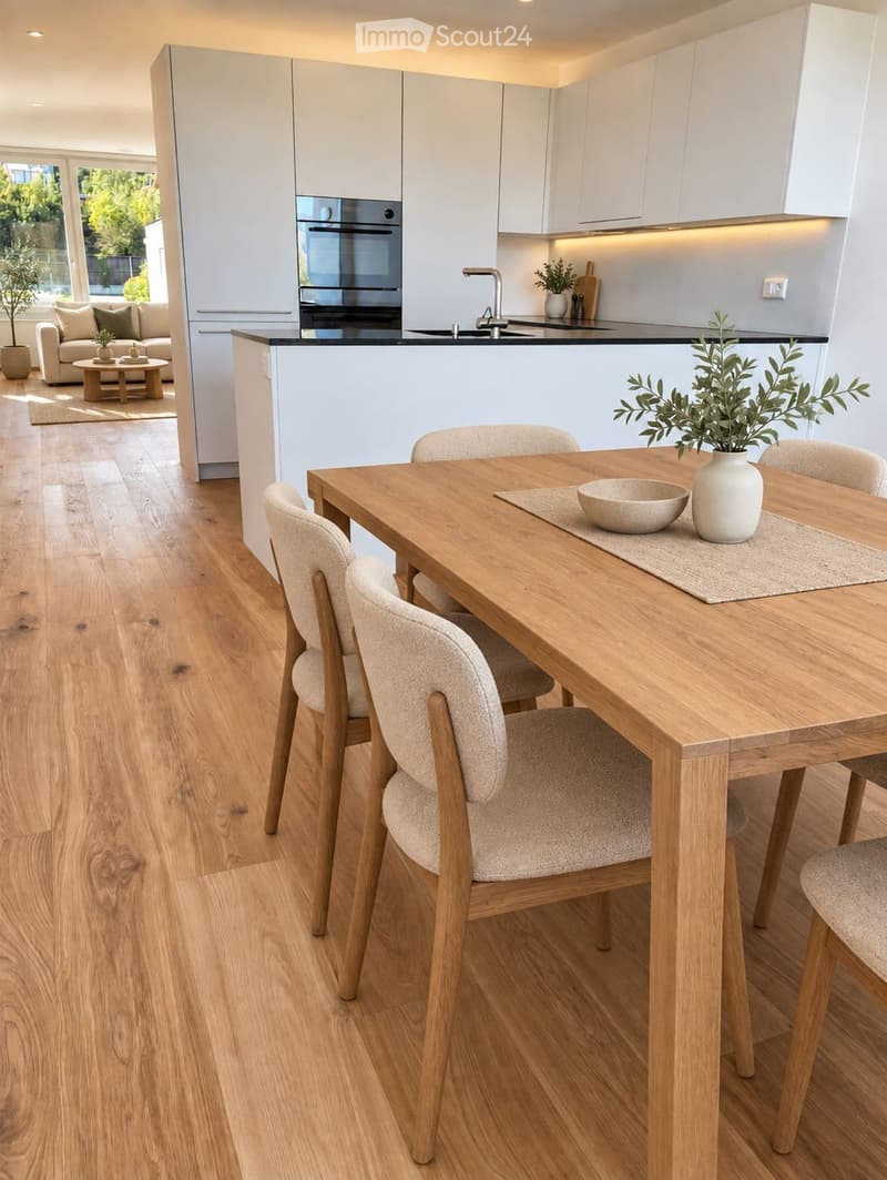 Open-plan kitchen and dining area with light wood flooring, white cabinets, a wooden dining table with four chairs, a bowl and vase on the table, a sofa and coffee table in the adjacent living area, and a modern oven and sink.